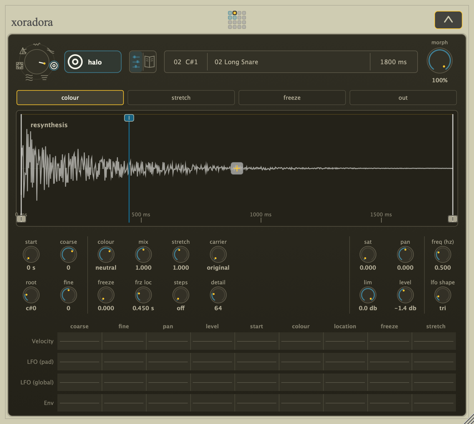 Xoradora Halo Compact view with Morph and the modulation matrix highlighted.