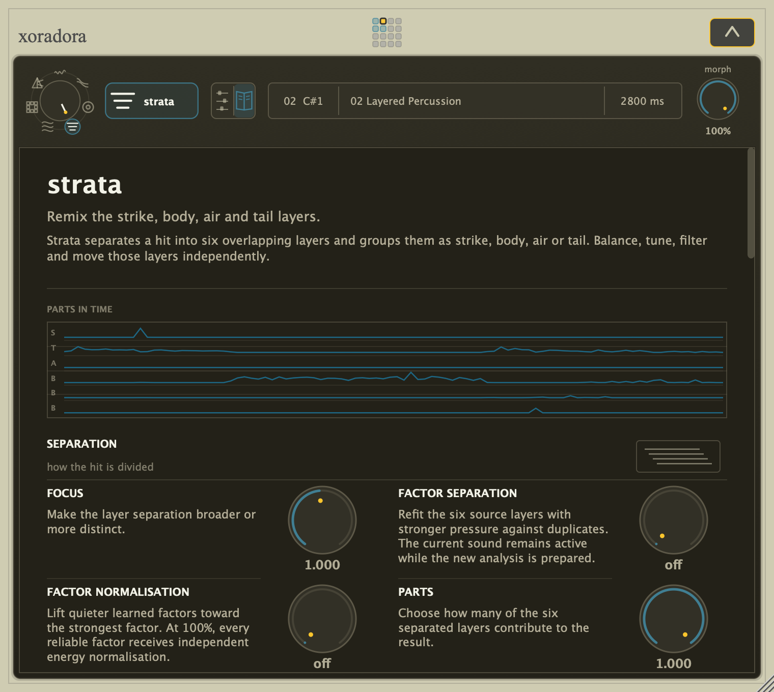 Xoradora Strata Guided view with two preparation-sensitive analysis controls highlighted.