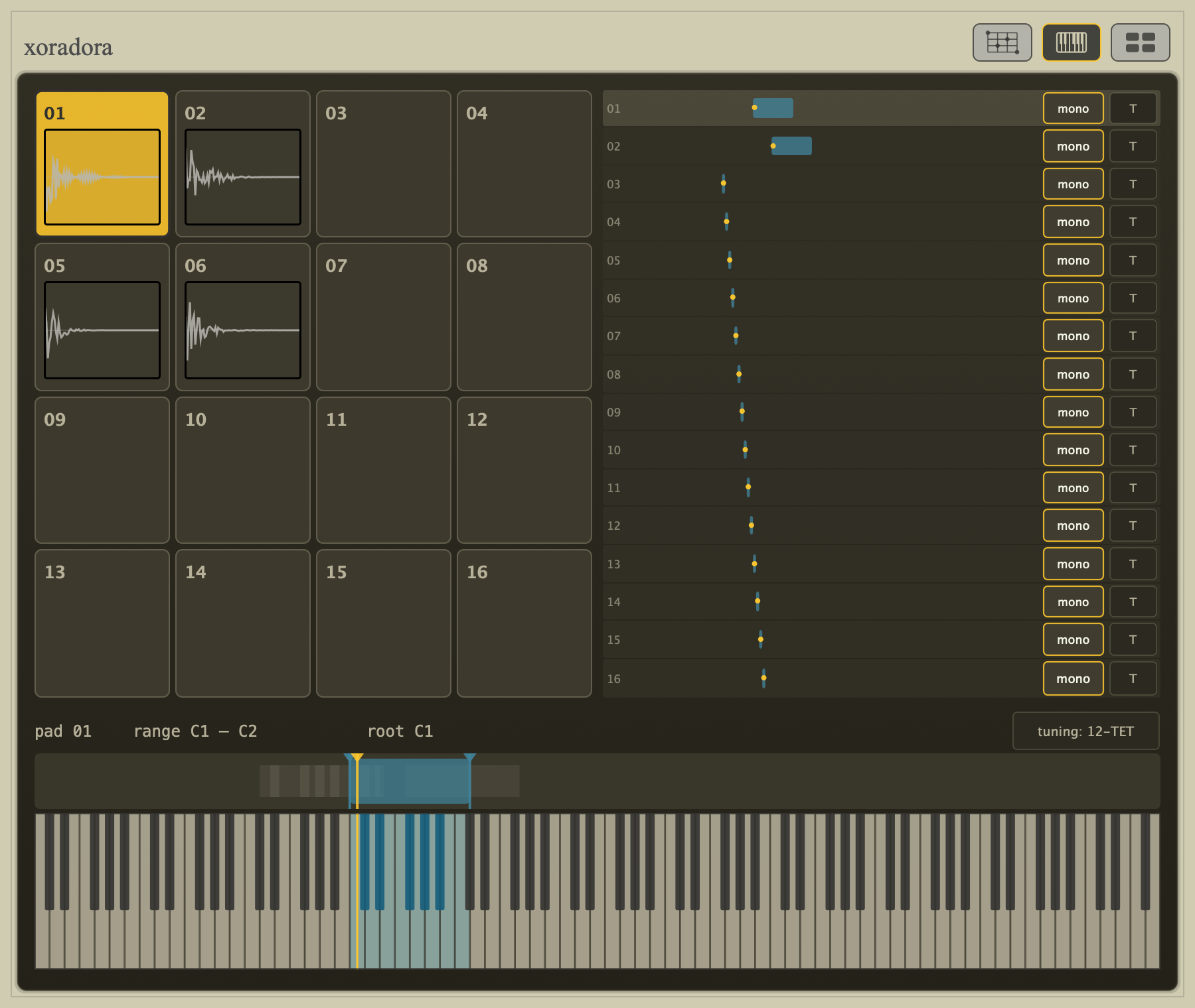 Xoradora Triggering screen with the pad selector, MIDI-zone overview, selected range and root strip, and audition keyboard highlighted.